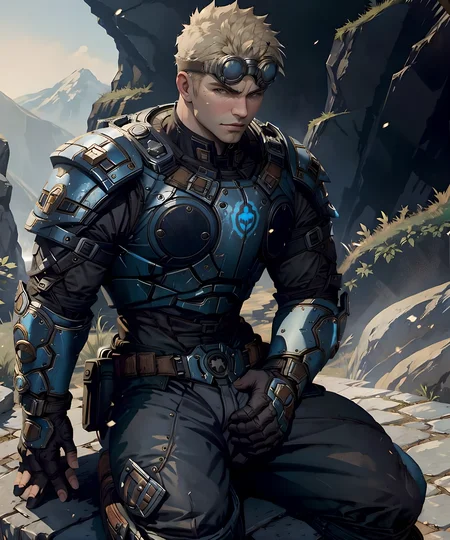<lora:Damon_Baird:0.85> 1boy, damon_baird, armor, pants, sitting on rock, muscular, mountain, daytime, blonde hair, goggles, looking at viewers