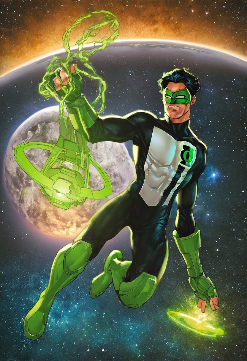 zPDXL2, score_9, score_8_up, score_7_up, source_comic, 1boy, gl_kylerayner, black hair, bodysuit, stars, universe, planets, outer space, green lantern ring, fingerless gloves, green lantern symbol, green lantern constructs, flying, domino mask