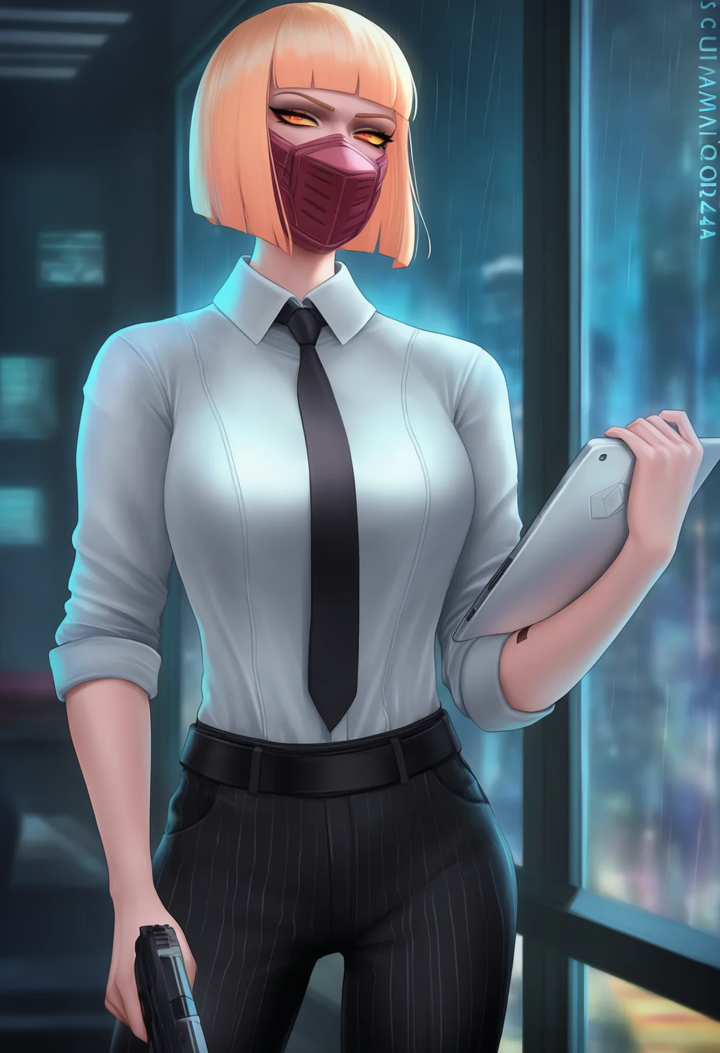 (sciamano240:0.7), masterpiece, best quality, <break> solo, 1girl, k1w1, cyborg, serious, looking at viewer, standing, holding gun, handgun, holding tablet pc, short hair, blonde hair, blunt bangs, bob cut, mouth mask, red eyes, yellow sclera, formal, white shirt, collared shirt, sleeves rolled up, shirt tucked in, black necktie, loose necktie, black pants, vertical-striped pants, black belt, indoors, science fiction, cyberpunk, office, table, window, cityscape, rain
<segment:yolo-Anzhc Face seg 640 v2 y8n.pt,0.4,0.5//cid=1>