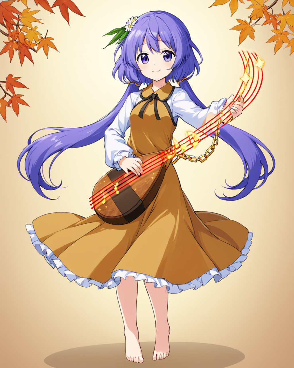 tsukumo benben,1girl, solo, hair_flower, lute_\(instrument\), barefoot, biwa_lute, chain, looking_at_viewer, leaf, staff_\(music\), ribbon, autumn_leaves, full_body, twintails, smile, long_sleeves, brown_dress, eighth_note, holding, music
<lora:tsukumo_benben_image916_2023-12-20-000015:1>,star-shaped_pupils,symbol-shaped_pupils,. gorgeous,key visual, vibrant, studio anime,award-winning, professional, highly detailed,high budget, cinemascope