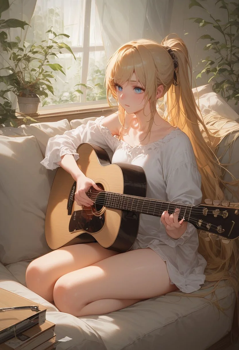 score_9, score_8_up, score_7_up, score_6_up, score_5_up, score_4_up, source_anime, Expressiveh, 1girl, kneeling, couch, acoustic_guitar, playing_guitar, playing instrument, sitting, blonde hair, long hair, ponytail, bright blue eyes, medium chest, anime, anime 2, living room,