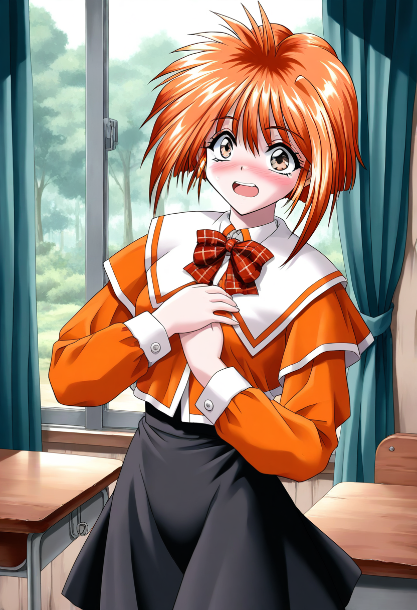 general,highres, ultra-detailed,very aesthetic,best quality ,best hands, BREAK <lora:Kawahara_Ayano_Akumu_AoiKajitsunoSange_IS:1>
Kawahara_Ayano, 1girl, solo, short hair, orange hair, small breasts, gray eyes, bangs, 
open mouth, embarrassed+surprised,
smile,
orange school uniform, plaid skirt,  white and black skirt, 
ribbon,  hands on own chest,  
braid, plaid bow, forest,  long sleeves, 
class room, curtain,