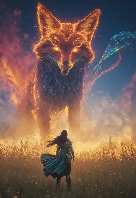 Bosstyle, a Woman fighting a giant fox-kite Boss By Wes Anderson and HR Giger: Capture the essence of nostalgia and color in this vintage photograph of a kite festival. Dominating the scene is a meticulously detailed, translucent multicolored fire-fox-kite, adorned with vibrant patterns, blending seamlessly with its surroundings. Its long tail, composed of intricately woven ribbons in a spectrum of colors, trails behind, adding to the spectacle of the moment. Amidst the quietude of the night, its presence exudes a sense of ancestral strength and resilience. Behind it, the low-toned hues of the Milky Way cast a mesmerizing backdrop, a cosmic tapestry weaving tales of both past and future. In this moment, the convergence of tradition and technology, of ancient wisdom and industrial progress, hangs palpably in the air. In the depths of this nocturnal tableau lies the promise of epic tales yet untold, where the spirit of the Indianer melds seamlessly with the diesel-powered pulse of a world in flux.