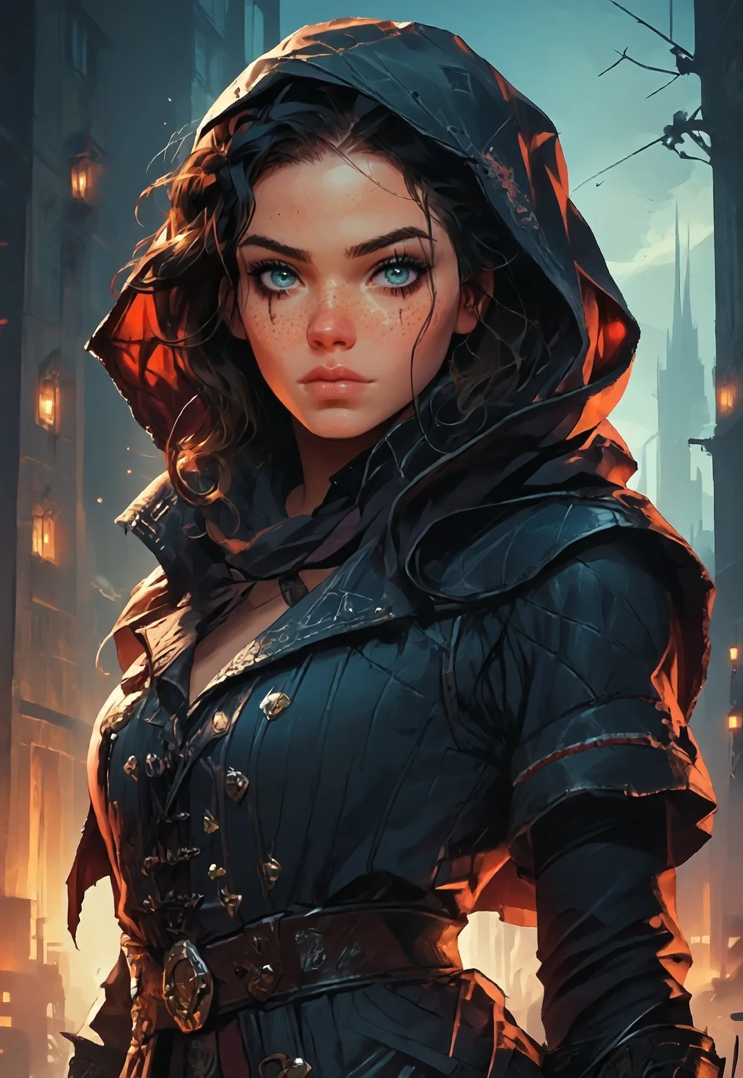 ((zPDXL3)), (score_9, score_8_up, score_7_up), Digital painting style, brushstrokes, source_nsfw, ((face focus, eye focus, dynamic angle, motion)), ((waist-up portrait)), 1girl, fantasy, ((pureerosface_xl)),
BREAK,
(1girl, solo), EvieFrye,1girl, black hair, lips, freckles, blue eyes, female focus, SimplyEvie, hood, gloves, cloak, belt, boots, cape, coat, pants, breathless intimacy, textured skin, leggings, petite model bombshell, delicate features, narrow pointy nose, tiny nose, lust, big eyes, seductive eyes, detailed skin, flared lashes, mascara, makeup, breasts, athletic body, narrow waist, wide hips, ((tiny waist)), slender figure, sensual gaze,
warm light, detailed, two arms, good hands,
BREAK,
milky way, runes, arcane, astral, surreal, ethereal glow, masterpiece, best quality, intricate design. colorful, fantasy city streets, evening, sunset light, moody whimsical color palette, bold soldering lines, volumetric light shining through, crepuscular rays, intricate craftsmanship, detailed texture, luminous transparency, reflective light play, vivid hues, atmospheric depth, enchanting silhouette, art nouveau,
<lora:PainterlyFantasiaPDXL:0.6>,