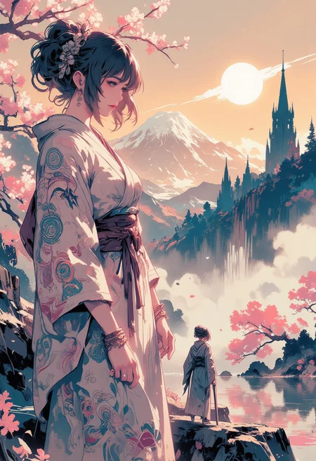 Mh1$AgThS2, intricate linework with expressive contrasts, soft lighting with dynamic highlights, a tranquil large lake in the uplands, sakura trees, blossom, mist, dawn, reflection, with mount fuji in the distance, 2 japanese women in patterned knimons, obis, In the style of ff-td