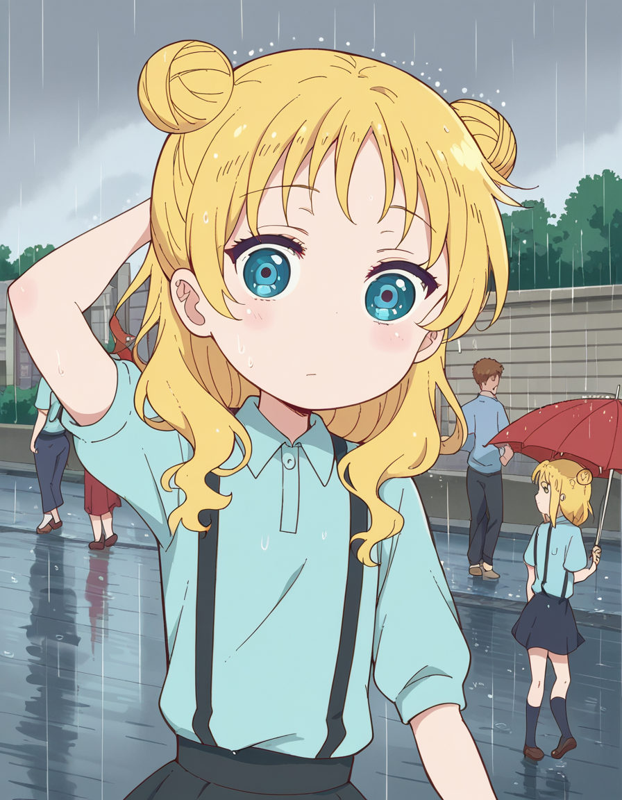score_9, score_8_up, score_7_up, source_anime, <lora:dragon-chloe-s2-ponyxl-lora-nochekaiser:1>, chloe, blue eyes, blonde hair, hair bun, double bun, child, female child,, skirt, shirt, thighhighs, collared shirt, suspenders, blue shirt,, rainy day, umbrella, walking home, puddles, wet hair, , looking at viewer, hand behind head, , solo,, dutch angle,