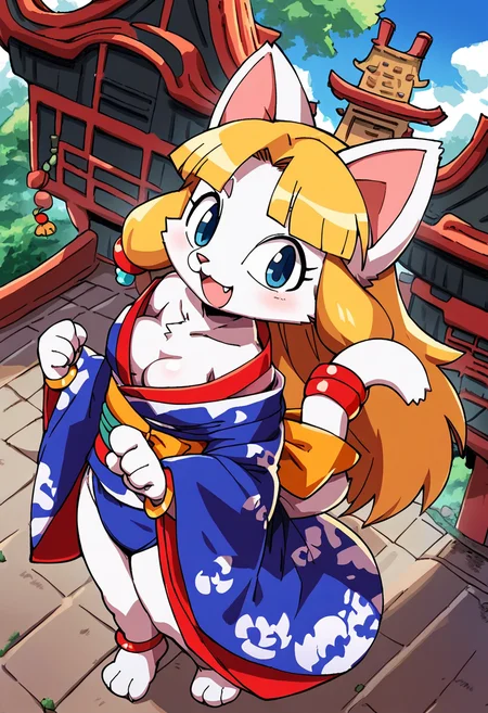 1girl, furry, anthro, solo, solo focus, female focus, shortstack, petite figure, medium breast, flat color, white fur, red accent, blonde long hair, animal nose, cat ears, large ears, bracelet <lora:Tojyo style v1.0:1> aku tojyo, colored picture, drawing, flat color, from above, cute, kimono, traditional dress, japanese clothing, wife clothing, paradise packground, holiday theme, ancient temple, japanese culture, spirits, outdoor, house, zPDXL, score_9, score_8_up, score_7_up, score_6_up, score_5_up, score_4_up