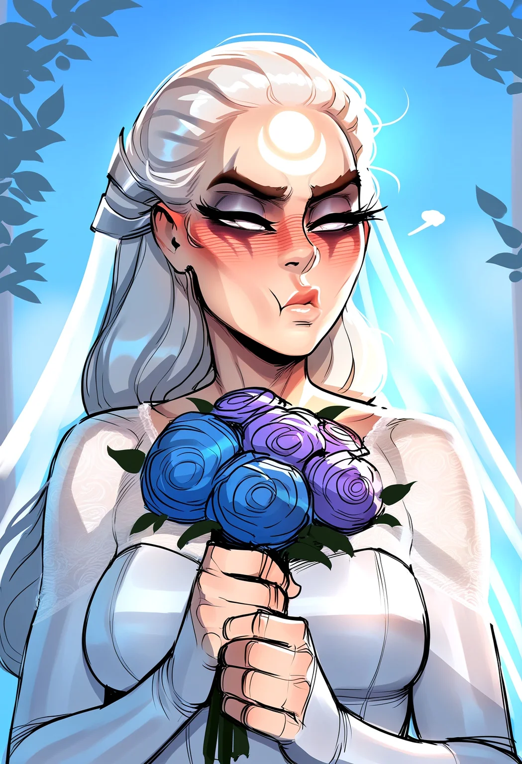 masterpiece, incase, ratatatat74, bbc-chan,1girl, diana \(league of legends\), league of legends, solo, crescent facial mark,forehead mark, nose, facial mark, nose,white eyes, half closed eyes,pout, pursed lips, long hair, white hair, lips, wedding, wedding dress, holding flowers, bouqet, blush, scenery,