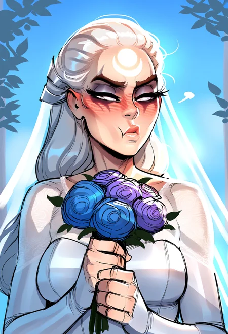 masterpiece,  incase, ratatatat74, bbc-chan,1girl, diana \(league of legends\), league of legends, solo, crescent facial mark,forehead mark, nose, facial mark, nose,white eyes, half closed eyes,pout, pursed lips, long hair, white hair, lips, wedding, wedding dress, holding flowers, bouqet, blush, scenery,