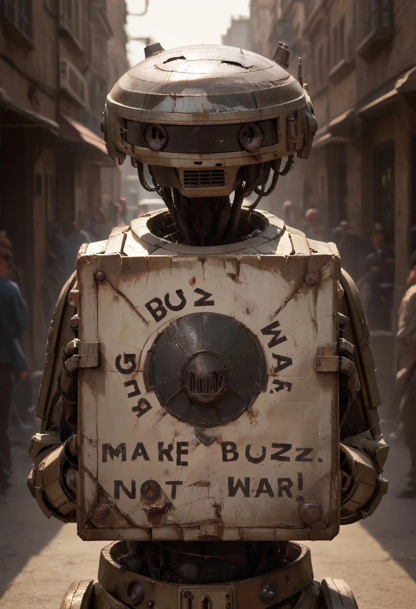 realistic photograph of a broken rusty mossy old robot, l3-37, looking at viewer, holding blank sign, a broken rusty metallic sign, upper body, Hold up a sign saying (MAKE BUZZ. NOT WAR!:1.2), on a battlefield downtown street, many robots running behind, mixed robots