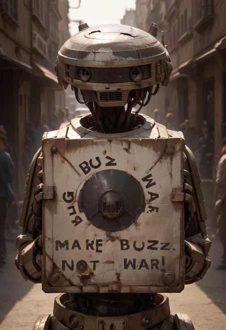 realistic photograph of a broken rusty mossy old robot, l3-37, looking at viewer, holding blank sign, a broken rusty metallic sign, upper body, Hold up a sign saying (MAKE BUZZ. NOT WAR!:1.2), on a battlefield downtown street, many robots running behind, mixed robots