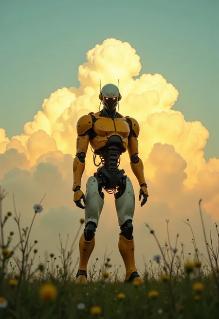 Miscujo, desolate Robot Standing on a meadow infront an sundawn behind volumetric clouds