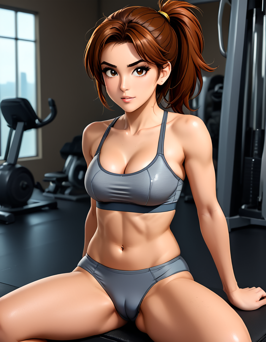 anime, , 1girl, solo, fair skin, detailed skin texture, brown hair, ponytail, hand on own knee, stomach, grey sports bra, navel, grey panties, closed mouth smirk, dark brown eyes, looking at viewer, thighs, sitting, blush, collarbone, bare shoulders, knee up, spread legs, crotch, leaning back, gym, gym background, indoors, natural lighting, side lighting, soft shadows, in the style of  <lora:CheekyXL-V1_epoch_10:1> cheekyxl