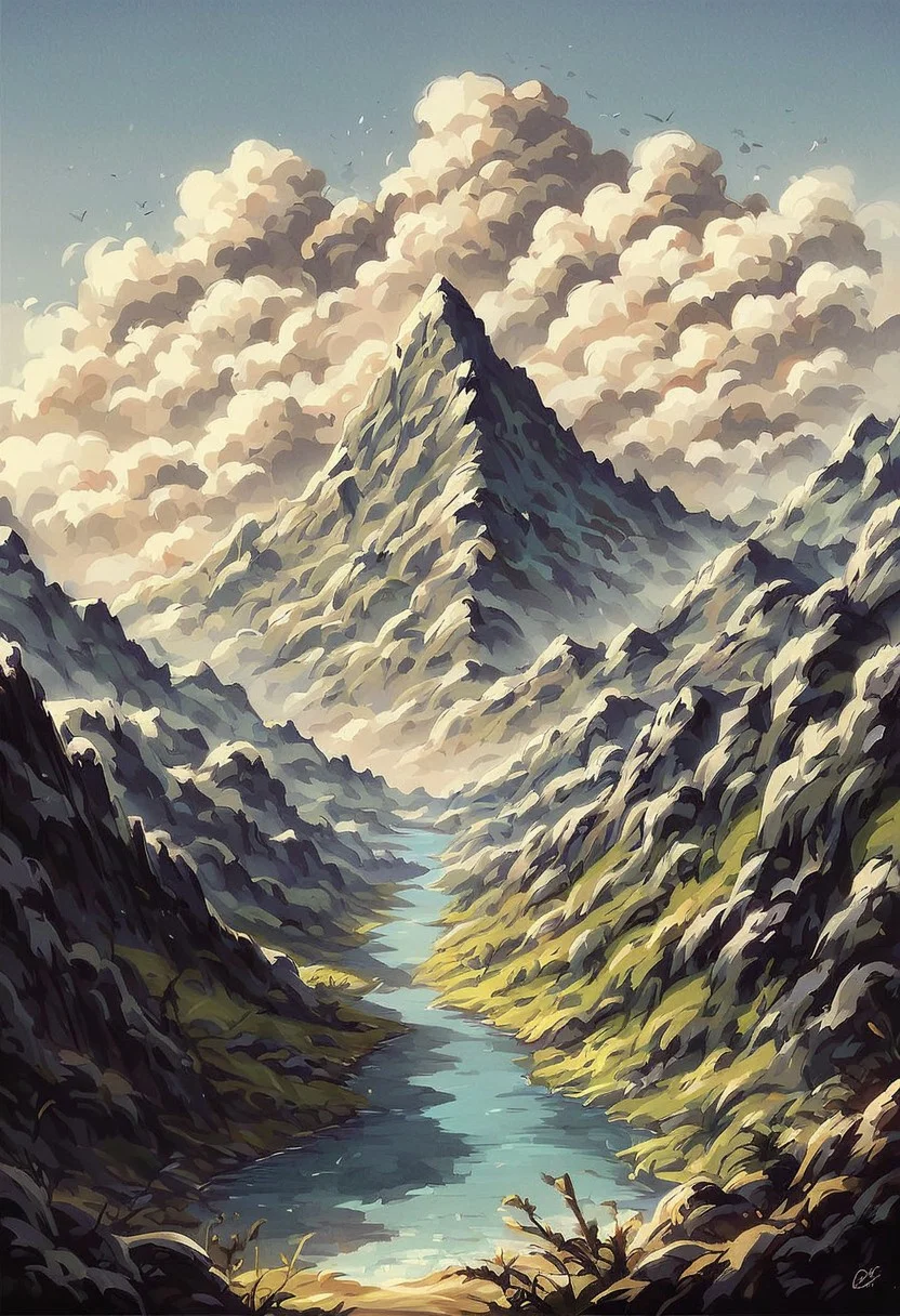 score_9, score_8_up, score_7_up, score_6_up, ink splats, landscape, mountains, clouds, river, valley