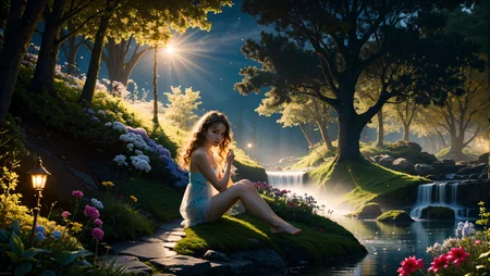 (detailed realistic background:1), (official art, beautiful and aesthetic:1 ), realistic lighting, cinematic lighting, hyperrealism, soothing tones, muted colors, high contrast, soft light, sharp, artistic photoshoot, FeyFa, forest, trees, middle, path, waterfall, through, background, stream, flowers, lights, BREAK  in the foreground sitting a fairy, in back of her fairy house, light, (cute, petite), slender, european, pale cheeks, square face shape with angular jaw, natural makeup, ginger hair, (wavy bob hair:1.1), wearing see-through gossamer fairy short dress, night time, darkness,  <lora:age_slider_v2:-1.5> <lora:quality1:1> <lora:FeyAndFairies:0.5>