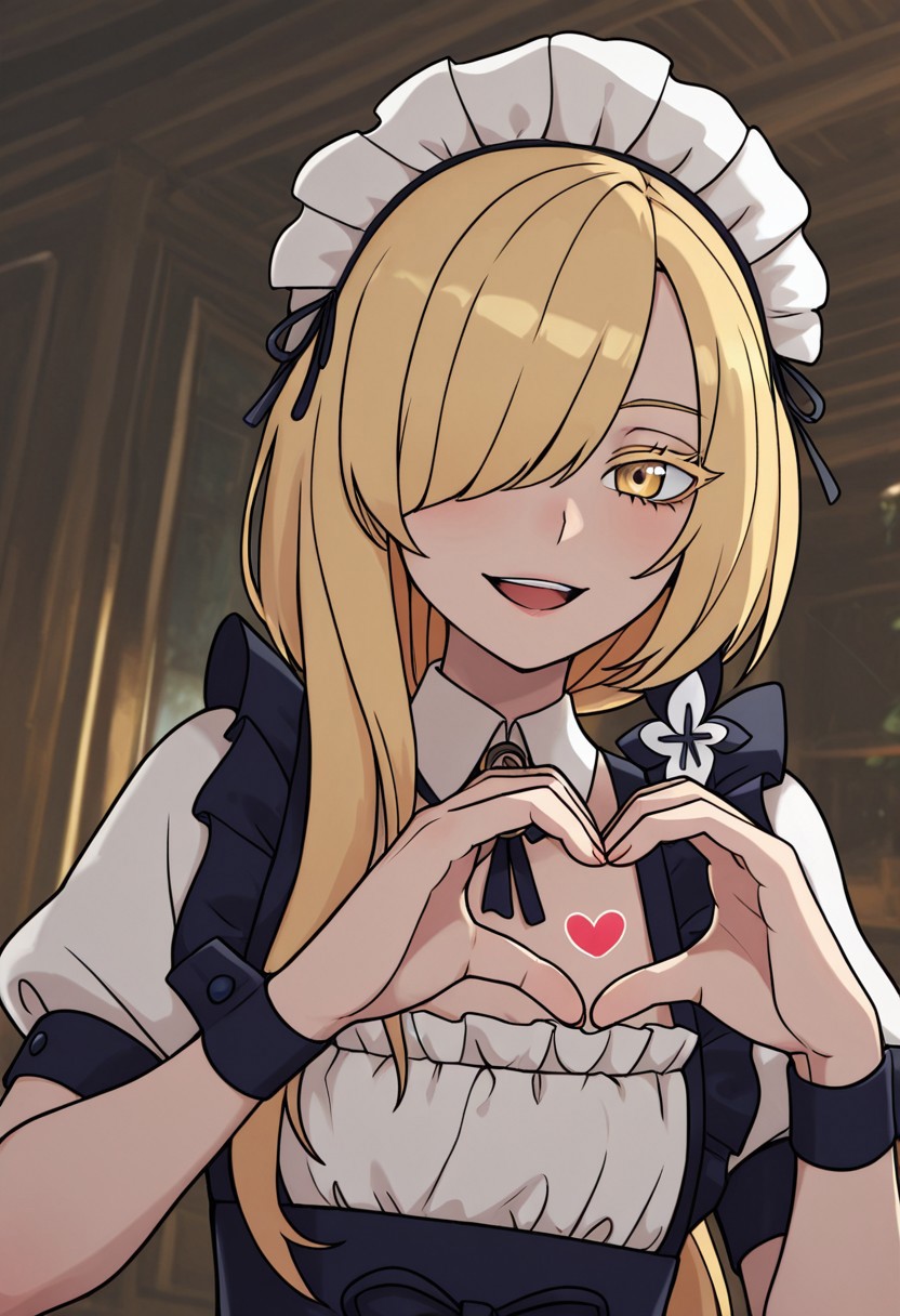 <embedding:Smooth Quality>, masterpiece, best quality, ultra-detailed, amazing quality, very aesthetic, chiaroscuro style, solo,
BREAK, 1boy, lucien \(basedbinkie\), (content, happy:0.65), otoko no ko, androgynous, flat chest, gold blonde hair, long hair, asymmetrical hair, gold colored eyelashes, hair over one eye, gold eyes, (red eyeshadow:0.55), blue and white maid outfit, maid headdress, heart hands,
BREAK, (themaestronoob, stanley lau, krystopher decker, wlop:0.25) styles in coherence, textless version, detexted, sugimori <lora:MoriiMee_Gothic_Niji_Style_Illustrious_r1:0.25>