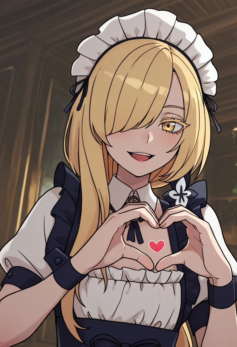 <embedding:Smooth Quality>, masterpiece, best quality, ultra-detailed, amazing quality, very aesthetic, chiaroscuro style, solo,
BREAK, 1boy, lucien \(basedbinkie\), (content, happy:0.65), otoko no ko, androgynous, flat chest, gold blonde hair, long hair, asymmetrical hair, gold colored eyelashes, hair over one eye, gold eyes, (red eyeshadow:0.55), blue and white maid outfit, maid headdress, heart hands,
BREAK, (themaestronoob, stanley lau, krystopher decker, wlop:0.25) styles in coherence, textless version, detexted, sugimori <lora:MoriiMee_Gothic_Niji_Style_Illustrious_r1:0.25>