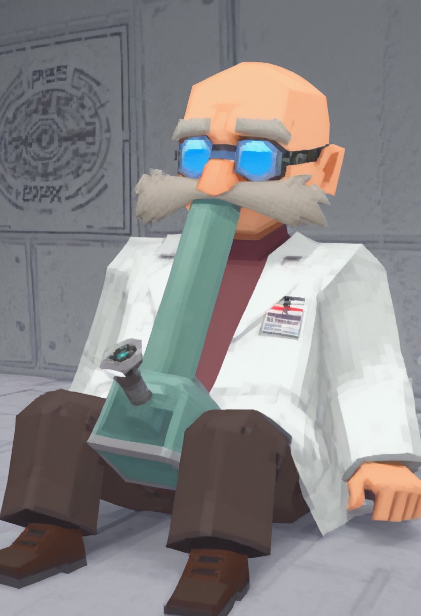 laboratory background, 1boy, GeraldRobotnik, 1boy, white scientist's lab coat, distinctive long white mustache, brown trousers, matching brown shoes, maroon red shirt, blue goggles, bald, inhaling, sitting, bongil, lowpoly, ps1, psx, low poly, 3d