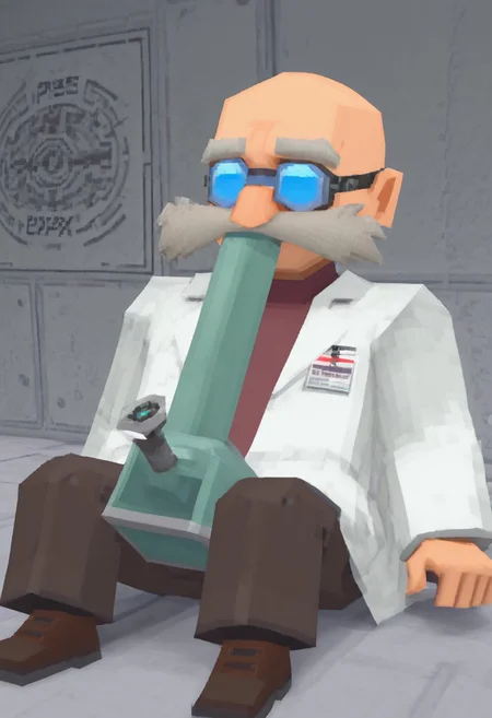 laboratory background, 1boy, GeraldRobotnik, 1boy, white scientist's lab coat, distinctive long white mustache, brown trousers, matching brown shoes, maroon red shirt, blue goggles, bald, inhaling, sitting, bongil, lowpoly, ps1, psx, low poly, 3d