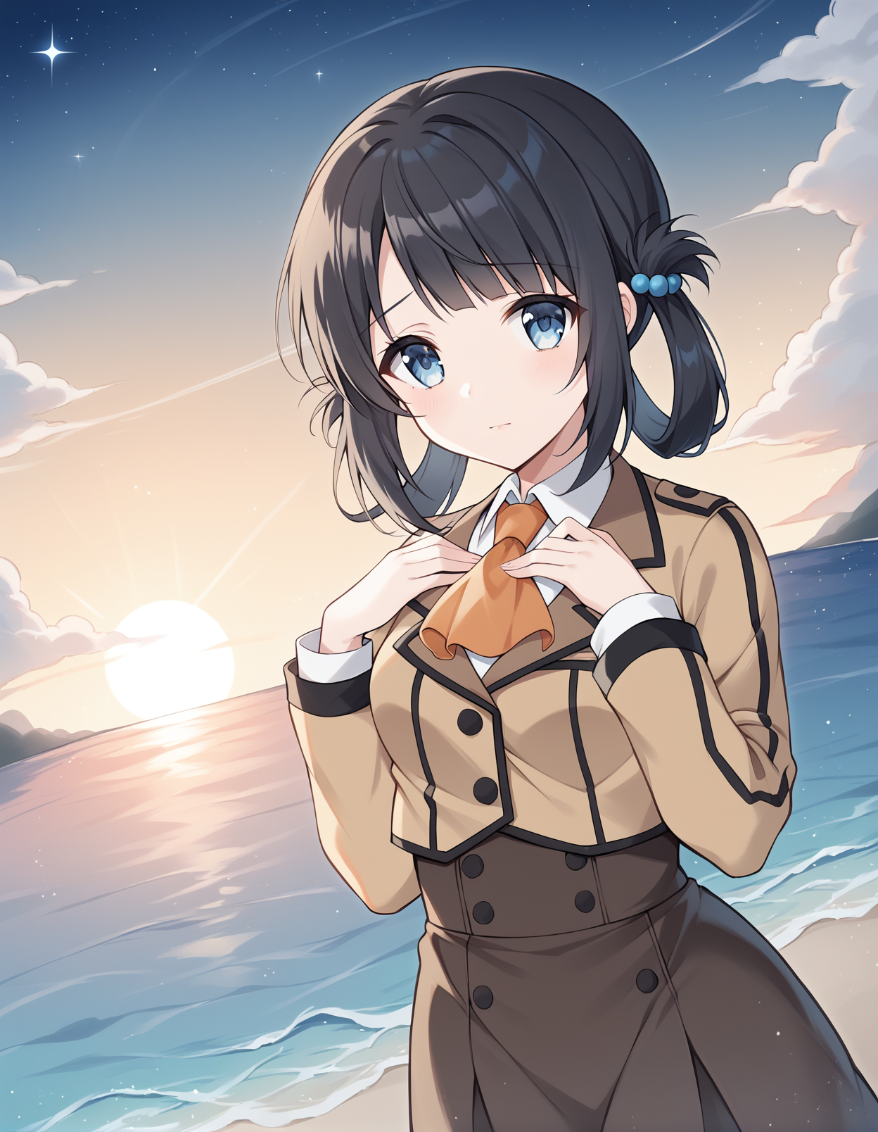 score_9, score_8_up, score_7_up, source_anime, rating_safe, BREAK <lora:miunaXL_LoRA-C3Lier_AdamW_Dim8_Alpha8_UN-3e-4_TE-1.5e-4_10batch_ponyDiffusionV6XL_v6StartWithThisOne:1>, miuna shiodome, 1girl, black hair, folded hair, hair rings, blue eyes, hair bobbles, beige jacket, orange ascot, long sleeves, white shirt, brown skirt, black pantyhose, cowboy shot, standing, hands on own chest, looking at viewer, dutch angle, sad, ocean, sunset, sunlight, horizon, gradient sky, star \(sky\), night sky, cloud