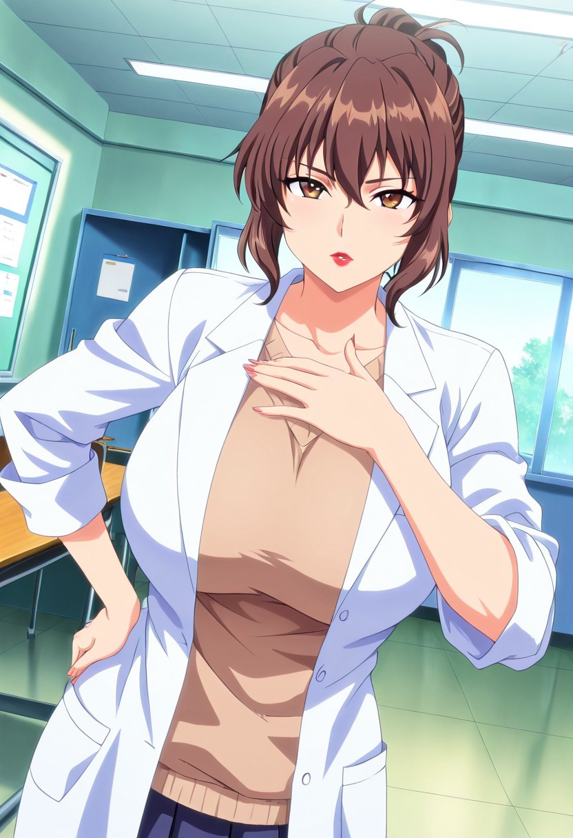 general,highres, ultra-detailed,very aesthetic,best quality ,best hands,best eyes,easynegative,
dynamic anglre, dutch angle, anime cloring,
1girl solo,looking at viewer,indoors,school,hand on hip,
Aiko Katsuragi, brown hair, brown eyes, huge_breasts, lipstick,labcoat,
