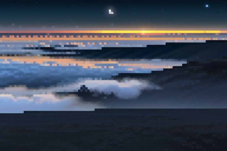 flying island in heaven, fog, night,