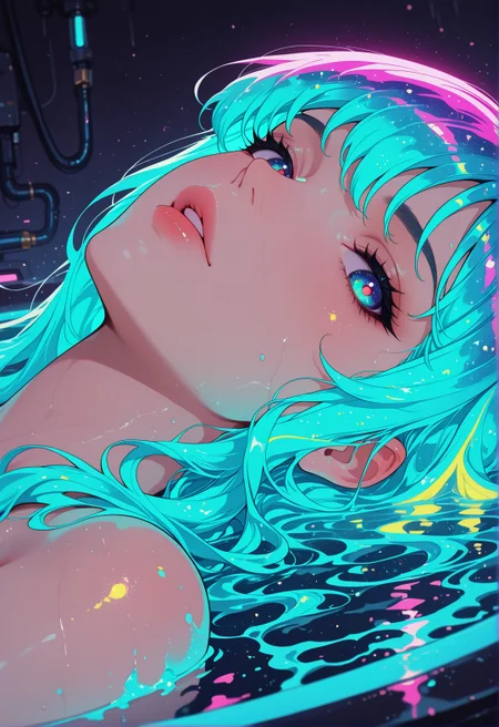 <lora:ck-shadow-circuit-IL:0.78>,
masterpiece, best quality, good quality, very aesthetic, absurdres, newest, 8K, depth of field, focused subject,
close up, dynamic angle, dutch angle, wabi sabi, woman, parted lips, taking bath, holographic water, holofoil glitter bath, faint, glowing, ethereal, neon hair, glowing hair, long hair, looking at viewer, relaxing, sci-fi,
<lora:MoriiMee_Gothic_Niji_Style_Illustrious_r1:0.45>
<lora:ck-nc-cyberpunk-IL-000011:0.4>
<lora:ck-neon-retrowave-IL:0.8>