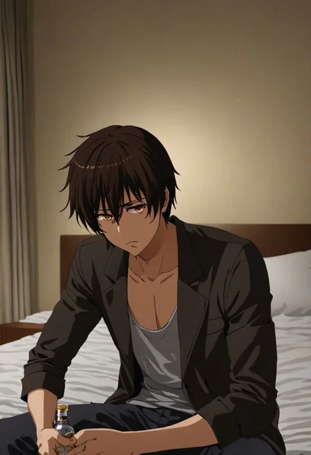 Highres, Masterpiece, High Quality, 4K, 8K, solo, 1Boy, Seiya Kanie, short dark brown hair, golden eyes, Sad, share, deep talk, hotel room, dim weather, sitting, weak, facing viewer, complicated, anxious, empty alcohol bottle, self torture, alone, lost, hopeless, hearthless, helpless, easynegative, detailed_eye_model