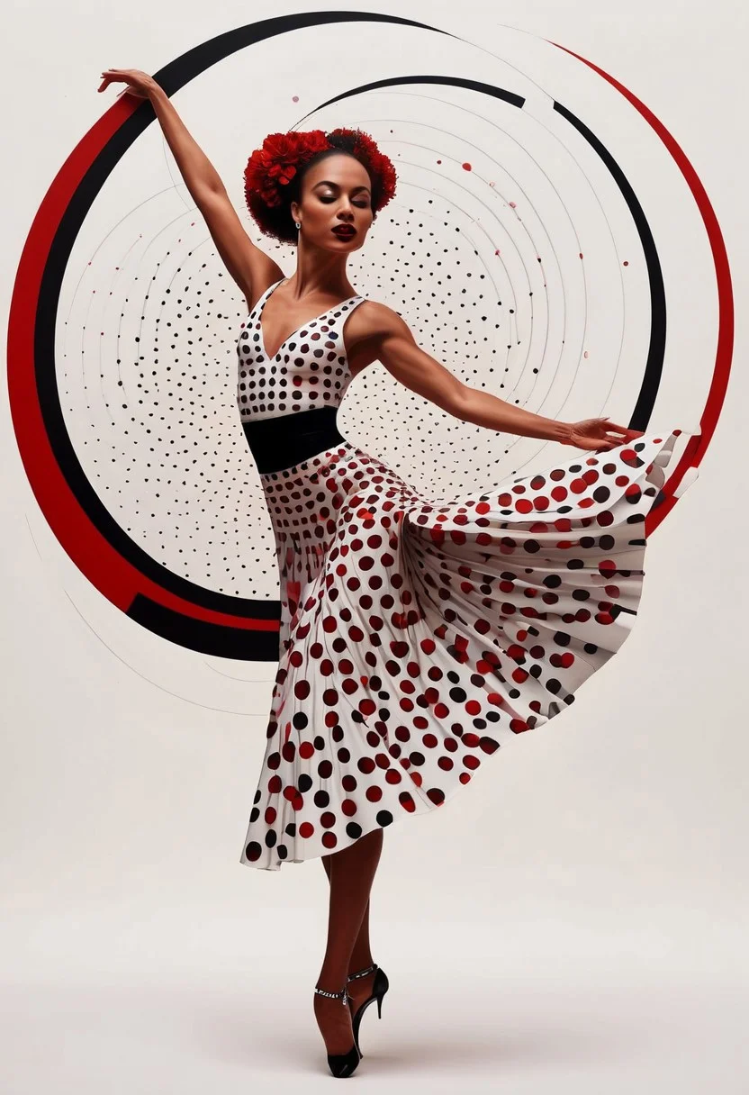 a detailed and intricate digital illustration features a woman dancing in a striking pose. the woman is positioned facing the viewer, her arms outstretched in a graceful arc. her hair, a vibrant red, is adorned with black dots and a white circle at the center of her head. her dress, a striking combination of red and black, is cinched at the waist with a black belt. the backdrop is a stark white, providing a stark contrast to the woman's striking image.