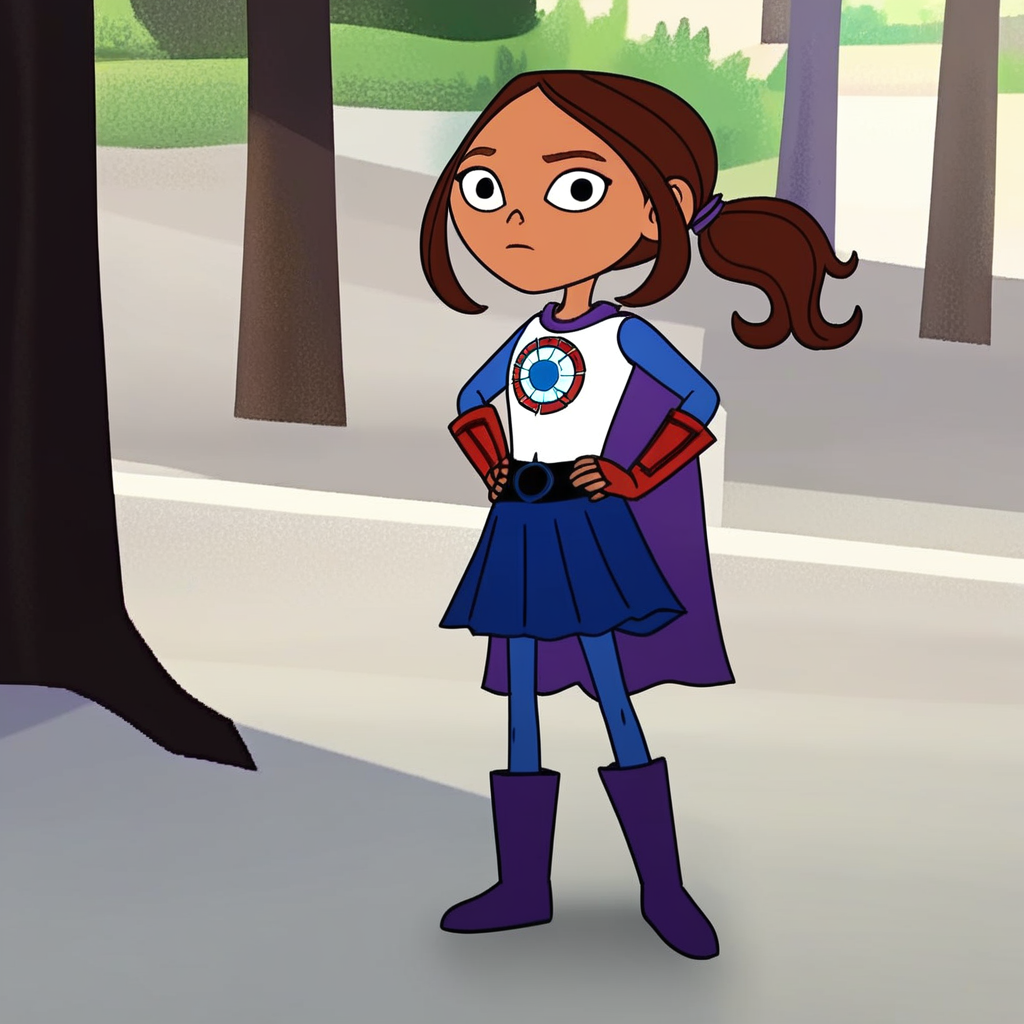score_9, solo, lucita_s, 1girl, dark skin, brown hair, ponytail, superhero, pleated skirt, cape, fingerless gloves, boots,, hands on hips, looking at viewer, tree