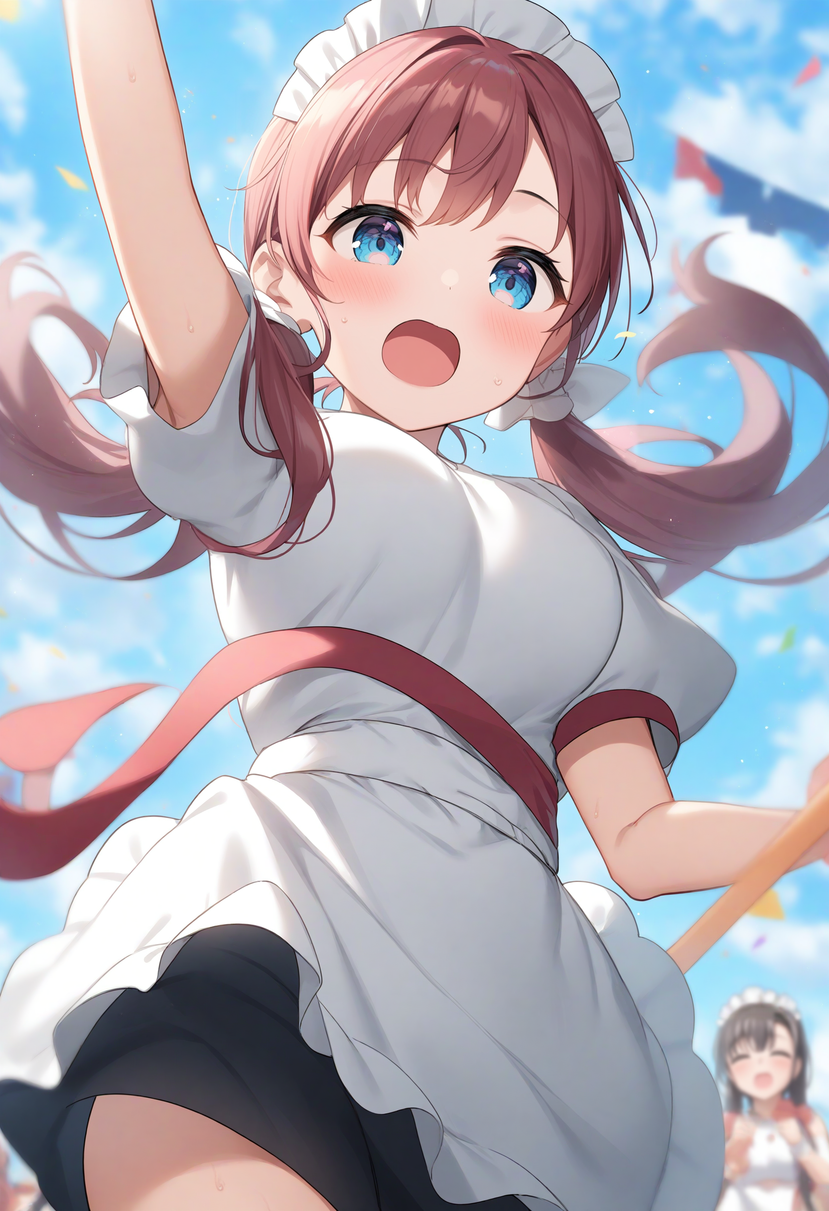 1girl,sincos, ningen mame, toosaka asagi,solo,medium breasts,20yo,maid,maid headdress,maid apron,skirt,
finish line, arm up, bouncing breasts, day, outdoors, running, sports festival, <lora:finishline_XL_v1:0.8>
from below, portrait, looking down, pink hair, gray eyes,archaic smile, science lab, closed mouth, low twintails hair,,
best quality, very aesthetic, absurdres