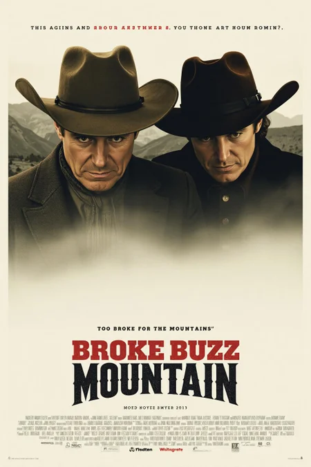 mvpstr. Epic movie poster for "Broke Buzz Mountain" featuring a close-up of two sad-looking cowboys, looking downward in a somber, defeated expression. Their cowboy hats are slightly tilted, casting shadows over their eyes, highlighting a sense of struggle. The background is a faded, desolate mountain range, hinting at their past in the Wild West. The tagline beneath them reads, "Too broke for the mountains, need buzz," in bold, distressed lettering, adding a humorous twist to the melancholic mood. The overall design mimics classic movie posters, blending dramatic visuals with a playful, tongue-in-cheek message. <lora:schnell_v1.0:1.0> <lora:EpicMoviePoster-000015:1.0><lora:792314319846113571:0>