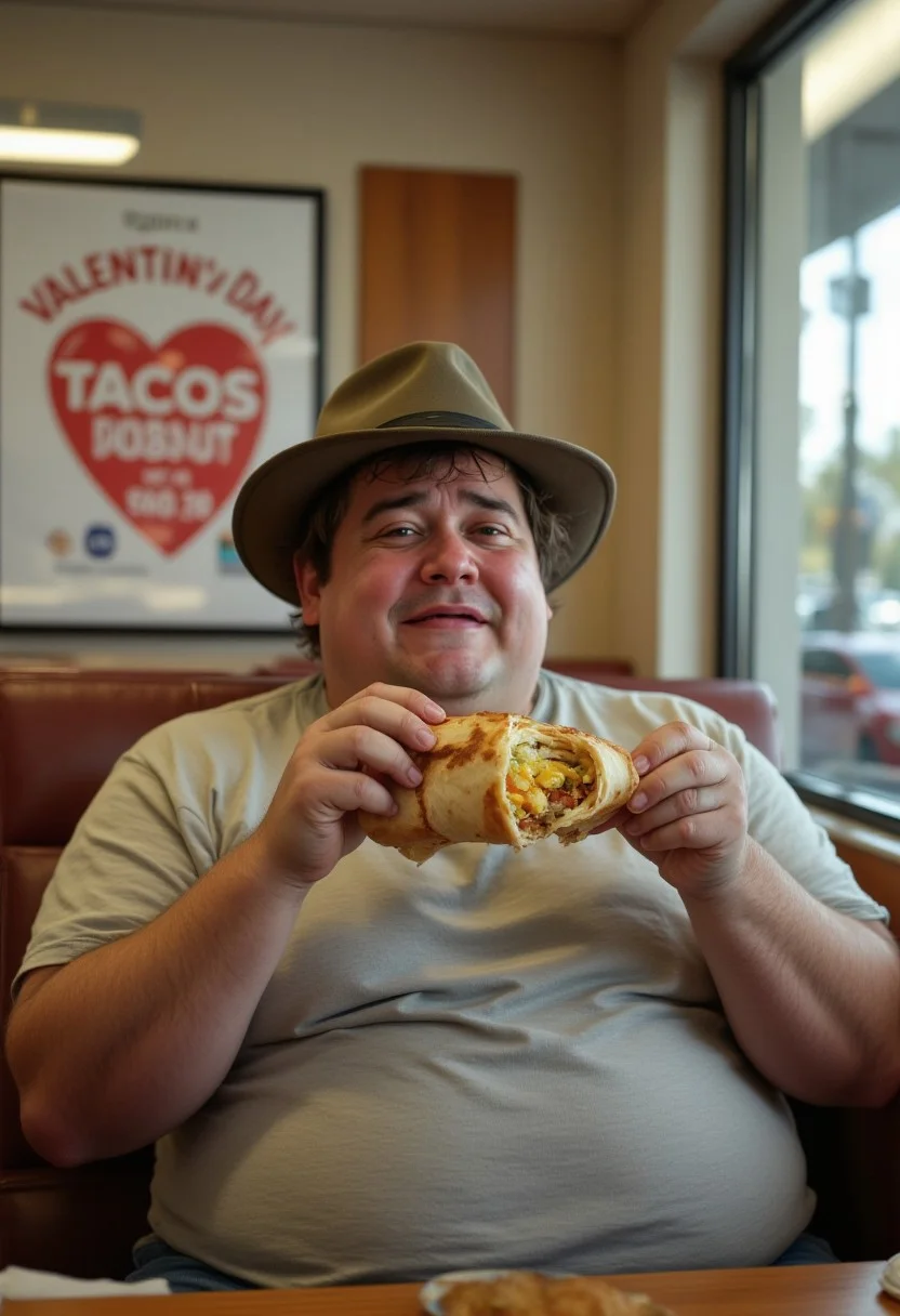 Photograph of an obese man with unkempt hair wearing a fedora and a tshirt sitting in a booth at Taco Bell holding an open breakfast crunchwrap with cross section of layered ingredients with fillings inside a folded grilled toasted tortilla. The man is crying. There is a sign on the wall advertising a Valentine's Day special on tacos.