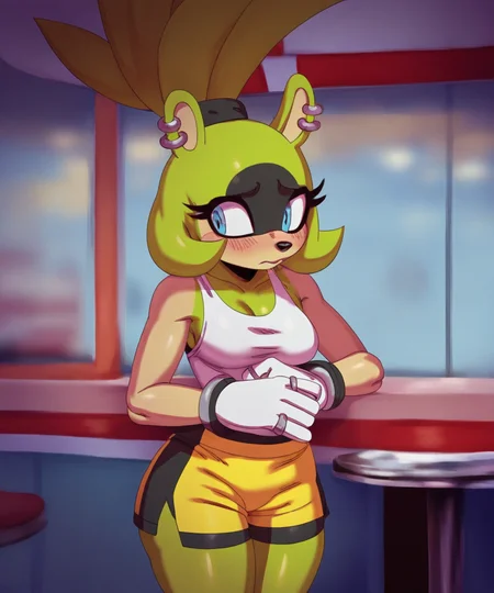 solo, surge the tenrec, blue eyes, ring piercing, gloves, tank top, shorts, blush, shy, diner, medium breasts, looking away, by sssonic2,by rasp777,by blues64, realistic, cinematic lighting, best quality, highly detailed, <lora:SurgeXL_030-Noob-nd64-lr2-ep26:1>