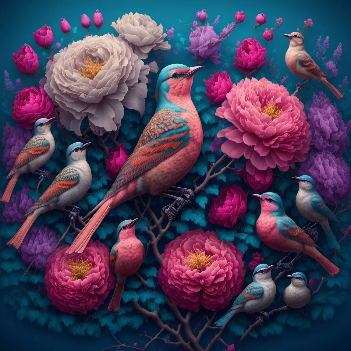 flowerart, flower, bird, leaf, pink flower, branch, peony flower, blue background,<lora:flower_art:1>