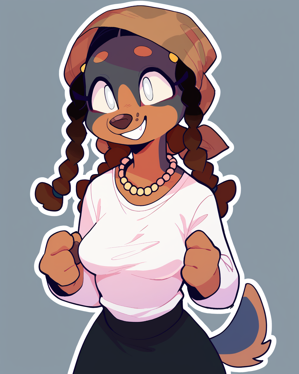 score_9_up, score_8_up, score_7_up, score_6_up, half-length portrait, dog, furry female, multicolored body, blind, brown headscarf, female, furry, tail, white eyes, medium breasts, braided pigtails, solo, happy, smile, three-quarter view, pearl necklace, necklace, black skirt, white topwear, simple background, white outline, <lora:Leah_Pines(AIM)_XL_v1:0.15> <lora:PDXL_artist_tags_v2_big:0.5> <lora:The-Minuscule-Task_PDXL_v1.0:0.6> <lora:Quelea_CanaryPrimary:0.7>