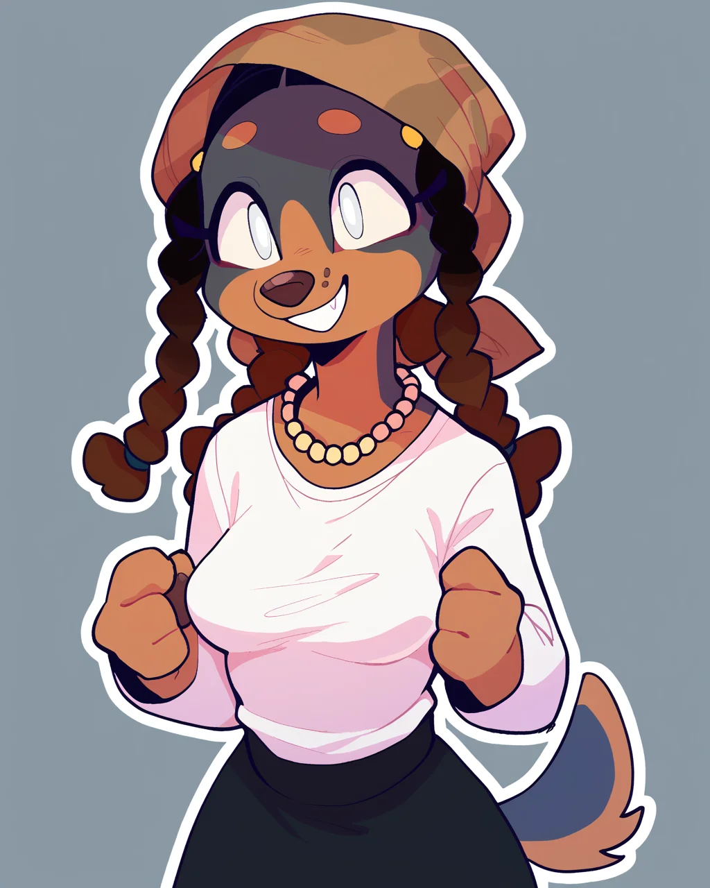score_9_up, score_8_up, score_7_up, score_6_up, half-length portrait, dog, furry female, multicolored body, blind, brown headscarf, female, furry, tail, white eyes, medium breasts, braided pigtails, solo, happy, smile, three-quarter view, pearl necklace, necklace, black skirt, white topwear, simple background, white outline, <lora:Leah_Pines(AIM)_XL_v1:0.15> <lora:PDXL_artist_tags_v2_big:0.5> <lora:The-Minuscule-Task_PDXL_v1.0:0.6> <lora:Quelea_CanaryPrimary:0.7>