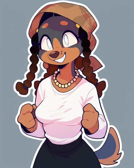 score_9_up, score_8_up, score_7_up, score_6_up, half-length portrait, dog, furry female, multicolored body, blind, brown headscarf, female, furry, tail, white eyes, medium breasts, braided pigtails, solo, happy, smile, three-quarter view, pearl necklace, necklace, black skirt, white topwear, simple background, white outline, <lora:Leah_Pines(AIM)_XL_v1:0.15> <lora:PDXL_artist_tags_v2_big:0.5> <lora:The-Minuscule-Task_PDXL_v1.0:0.6> <lora:Quelea_CanaryPrimary:0.7>