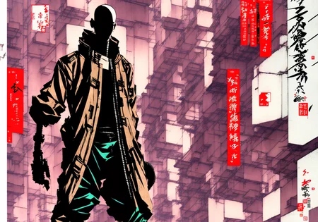 Kanji, realistic cyberpunk hacker man KANv6, wearing a cyberpunk trenchcoat, cyberpunk architecture mega city, KANv3