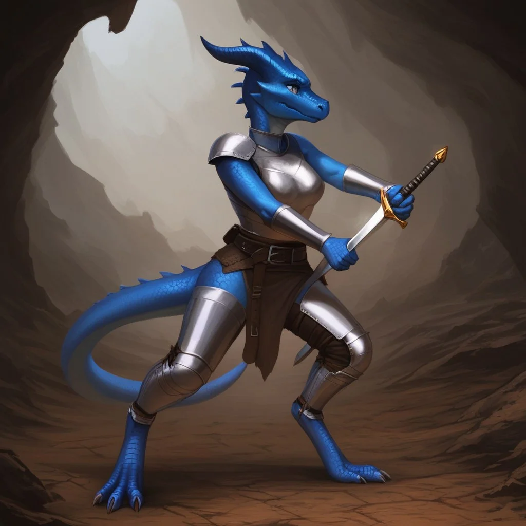 Realistic, 1girl, solo, full body, profile, in a cave, blue Kobold, furry dragon, tail, short stature, short, medium breasts, scales, scaly skin, knight armor, road sword, leather utility belt, bracelets, anklets, cute face, pale blue skin, fighting stance, worried look on face