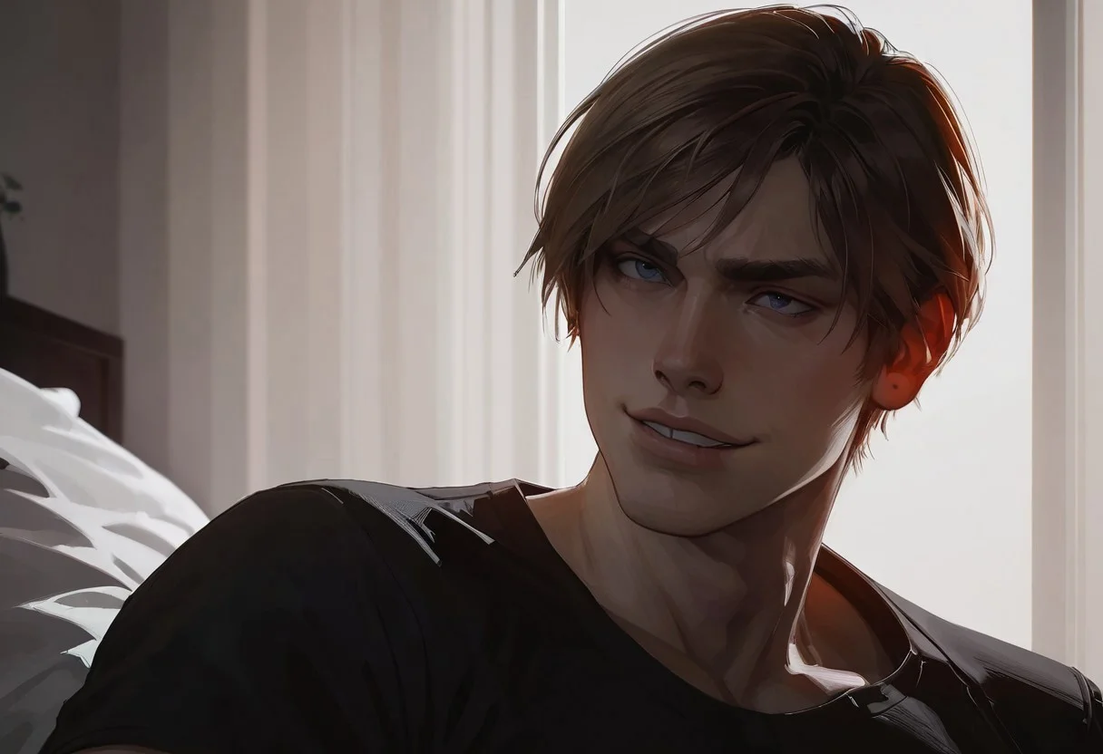 safe_pos, score_9, score_8_up, score_7_up, score_6_up, score_5_up, hyperdetailed, hyperrealistic, intricate details, mood lighting, cinematic lighting, volumetric lighting, indoors, masculine white male, muscular, tall, 1boy, Leon Kennedy, brown hair, short hair, black tee shirt, facing viewer, alone, close up on face, sitting on bed, bedroom, smirking