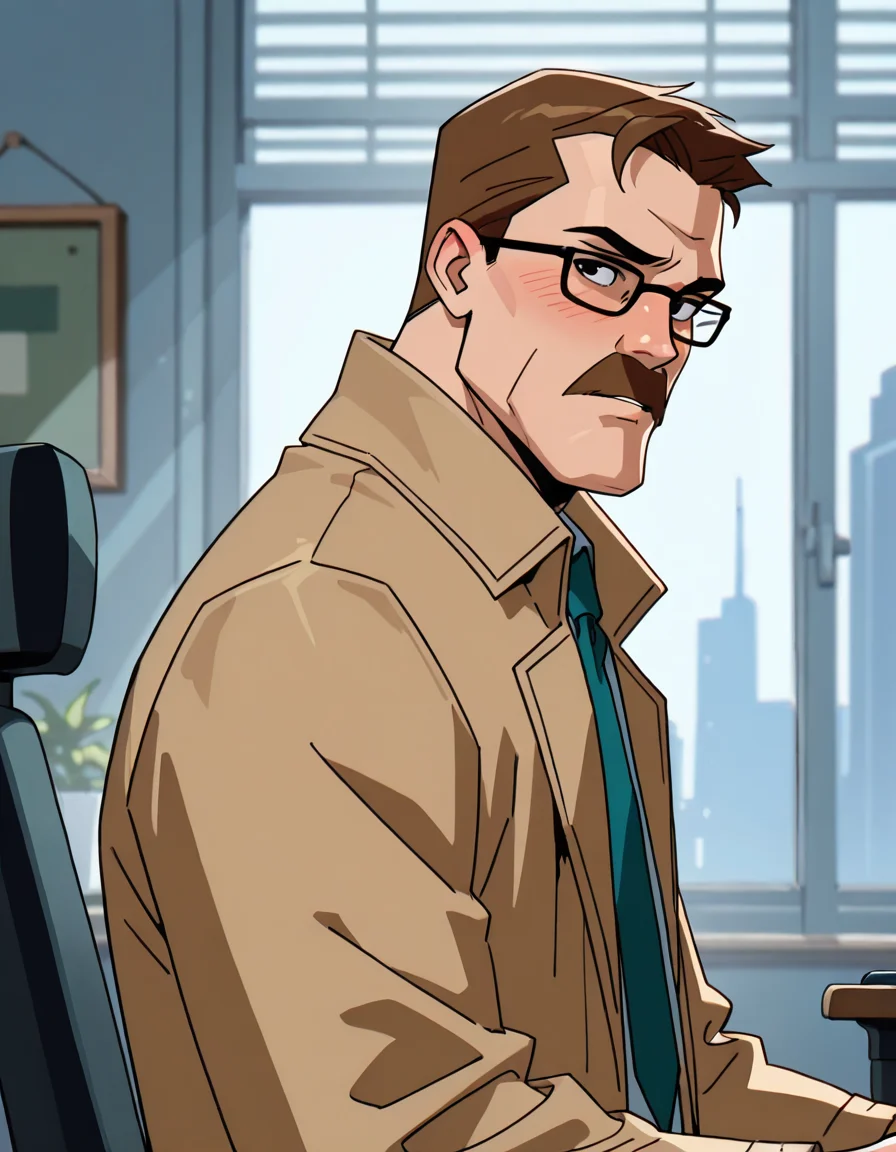 lazypos,<lora:Commissioner_James_Gordon_-_The_Batman-000019:1>,<lora:Batman_-_IO_Illustrious:0.5>,<lora:BatSup_Anim_90s_ILXL:0.4>,<lora:Commissioner Gordon:1>,western Comic book style:1.5,DC Comics:1.3,photorealistic, impressionism (1.5), high detail,male focus, face focus, eye focus, depth of field, (blurred background), (dramatic lighting), masterpiece, best quality, very aesthetic,8k,masterpiece, best quality,masterpiece, best quality, 8k,1 boy,POV from across a desk,an interview in an office,side view,1boy (Commissioner James Gordon, Facial Hair, Mustache, Glasses, Brown Hair, Black Eyes, glasses, tan coat, tie, sitting in an office chair, in an office, in front of a desk, looking embarrassed), detailed face, detailed eyes, skin texture