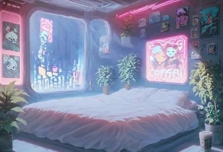 score_9,score_8_up,score_7_up,score_6_up,
steaming coffee cup on windowsill, plants on the windowsill, wall of plants, monstera plant, large plant, tidy bedrrom, small room, cramped bedroom, teddies on the bed, cyberpunk city view out of the window, neon light, purple neon lights, posters, posters on the wall, anime posters, lewd posters, anime girls on the poster