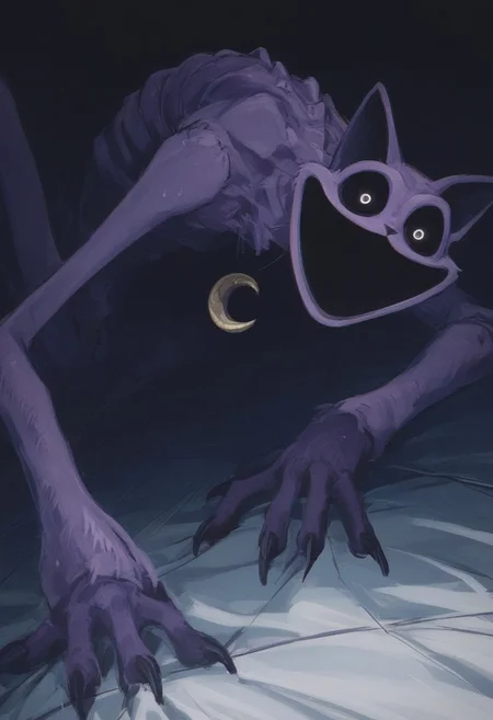 (score_9, score_8_up, score_7_up, score_6_up),
monster, horror, purple fur, body stitched together, seams, long limbs, claws, golden crescent moon medallion, skinny, bony body, lying down, dark room, bedroom, dark night, gloomy atmosphere, CatNap, small glowing white eyes, large empty sockets, looms over the viewer