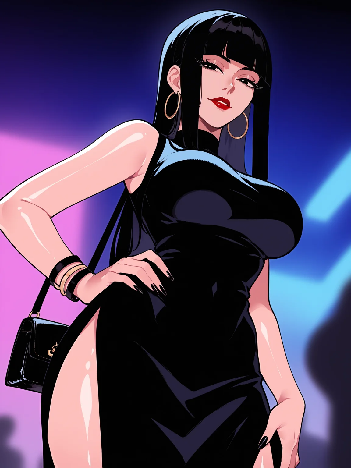 score_9, score_8_up, score_7_up, score_6_up, score_5_up, score_4_up,
BREAK
1girl, black hair, hime cut, blunt bangs, straight hair, black eyes, long eyelashes, hoop earrings, half-closed eyes,
BREAK
solo, from below, black dress, large breasts, side slit, handbag, hand on own hip,
BREAK
nightclub, blurry background, depth of field, dark, shiny skin, <lora:Lunas-Nyantcha-Thiccwithaq-SDXL-A1:1>