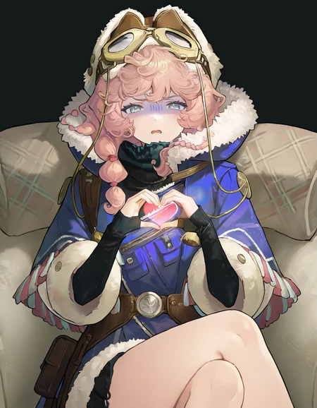 1girl,solo,simple background,white background,looking at viewer,cowboy shot,heart hands,sitting,crossed_legs,nautika.bf,goggles on head,coat,<lora:nautika-000014:1>,gloom,disappointed,disgust,, masterpiece, best quality, very aesthetic, absurdres,newest, incredibly absurdres,