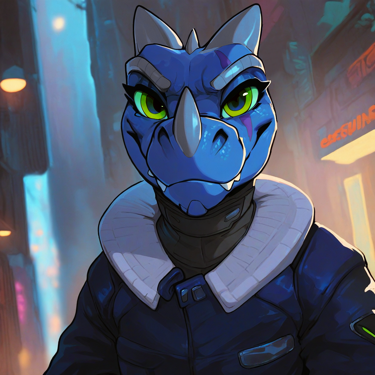 <lora:kabsraptorxl-000043:0.86>,  source_furry, solo, vergence (kabscorner), portrait, raptor, lizard, cowboy shot, portrait, flat chest, young, lizard tail, cute, serious, confident, bedroom eyes, scales, realistic detailed skin, portrait, upper body, dynamic pose, dutch angle, (light blue skin, light blue blue body, light blue neck:1.6), soft facial features, face focus, short muzzle, mouth focus, blue eyes, (grey horns), fangs, forest, urban back alley, cyberpunk, scifi, long sleeve blue jacket, black muscle shirt, clothed, (green eyes, green sclera), large eyes, slim
score_9, score_8_up, score_7_up,  <lora:incase---1:0.2>
