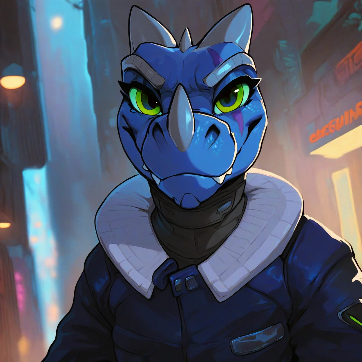 <lora:kabsraptorxl-000043:0.86>, source_furry, solo, vergence (kabscorner), portrait, raptor, lizard, cowboy shot, portrait, flat chest, young, lizard tail, cute, serious, confident, bedroom eyes, scales, realistic detailed skin, portrait, upper body, dynamic pose, dutch angle, (light blue skin, light blue blue body, light blue neck:1.6), soft facial features, face focus, short muzzle, mouth focus, blue eyes, (grey horns), fangs, forest, urban back alley, cyberpunk, scifi, long sleeve blue jacket, black muscle shirt, clothed, (green eyes, green sclera), large eyes, slim
score_9, score_8_up, score_7_up, <lora:incase---1:0.2>