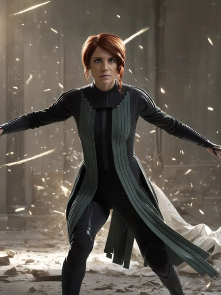 a woman,cinematic,faced to viewer,(cute:0.5),realistic,dramatic lighting,particles,debris,
<lora:Jasse_Faden_v6_biglust:0.95>woman,jasfdn face,jas hair,asynch clothes,
(dynamic pose:1.2),action
