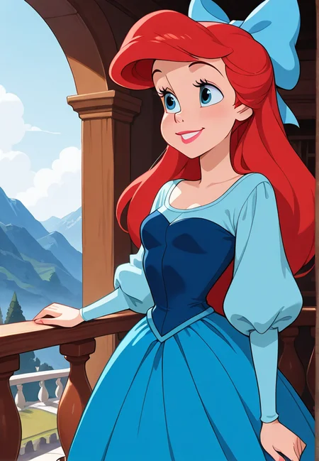 masterpiece, best quality, amazing quality, very aesthetic, absurdres, newest, detailed background,
ariel, 1girl, long hair, blue eyes, red hair, solo, bow, hair bow, dress, lipstick, makeup, retro artstyle, long sleeves, smile, blue dress, blue bow, balcony,
<lora:Ariel_-_Disney_Illustrious:1>, masterpiece, best quality, amazing quality, very aesthetic, absurdres, newest,